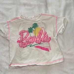 Zara White Tee with Pink Barbie Logo and Neon Trim
